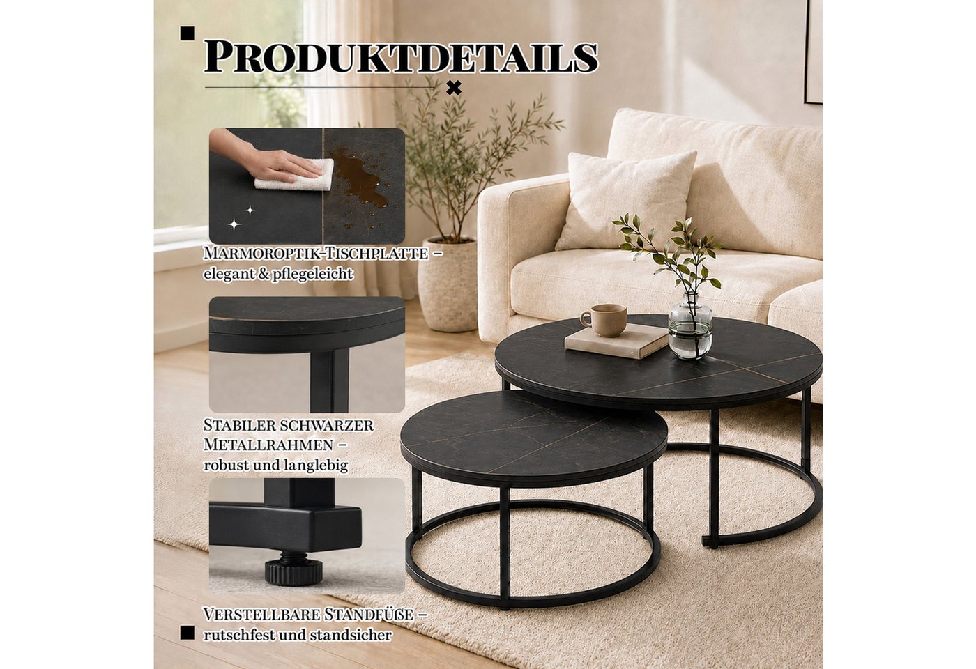 HomeGuru Couchtisch rund, Satztische 2 St., Marmormuster, Sintergestein, modernes Design (2-St., Set) – Bild 3 von 5