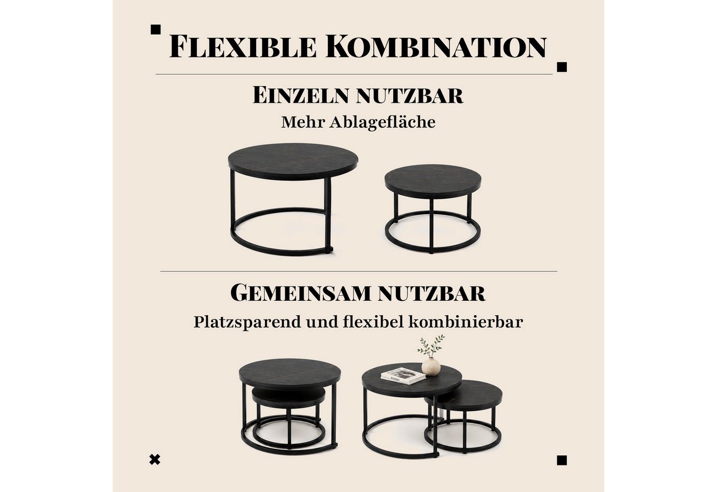 HomeGuru Couchtisch rund, Satztische 2 St., Marmormuster, Sintergestein, modernes Design (2-St., Set) – Bild 4 von 5