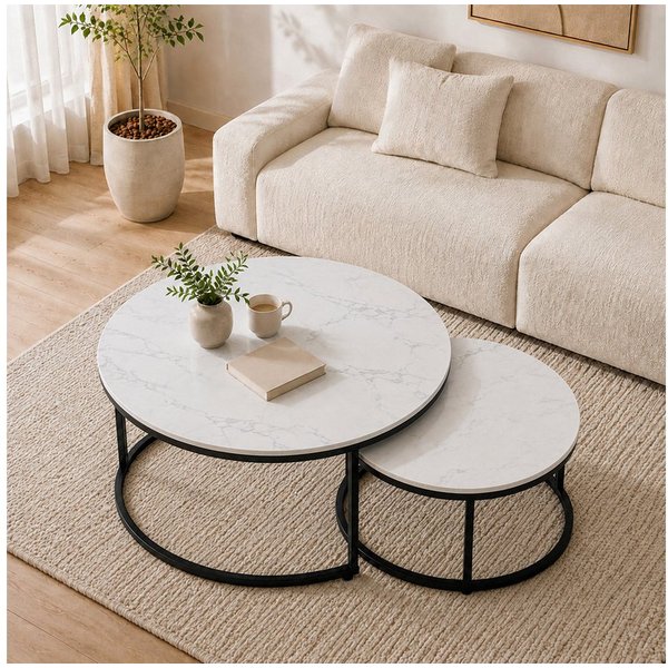 HomeGuru Couchtisch rund, Satztische 2 St., Marmormuster, Sintergestein, modernes Design (2-St., Set)