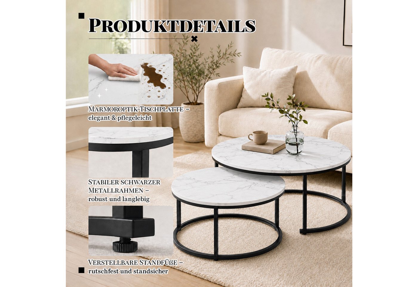 HomeGuru Couchtisch rund, Satztische 2 St., Marmormuster, Sintergestein, modernes Design (2-St., Set) – Bild 3 von 5
