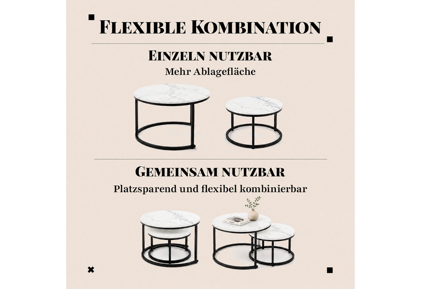 HomeGuru Couchtisch rund, Satztische 2 St., Marmormuster, Sintergestein, modernes Design (2-St., Set) – Bild 4 von 5