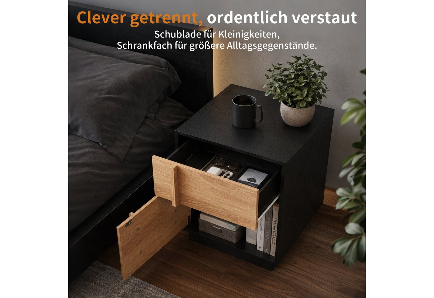 HomeGuru Nachttisch Nachttisch mit 3D-Streifenoptik, Schublade & Tür, Nachtschrank – Bild 3 von 5