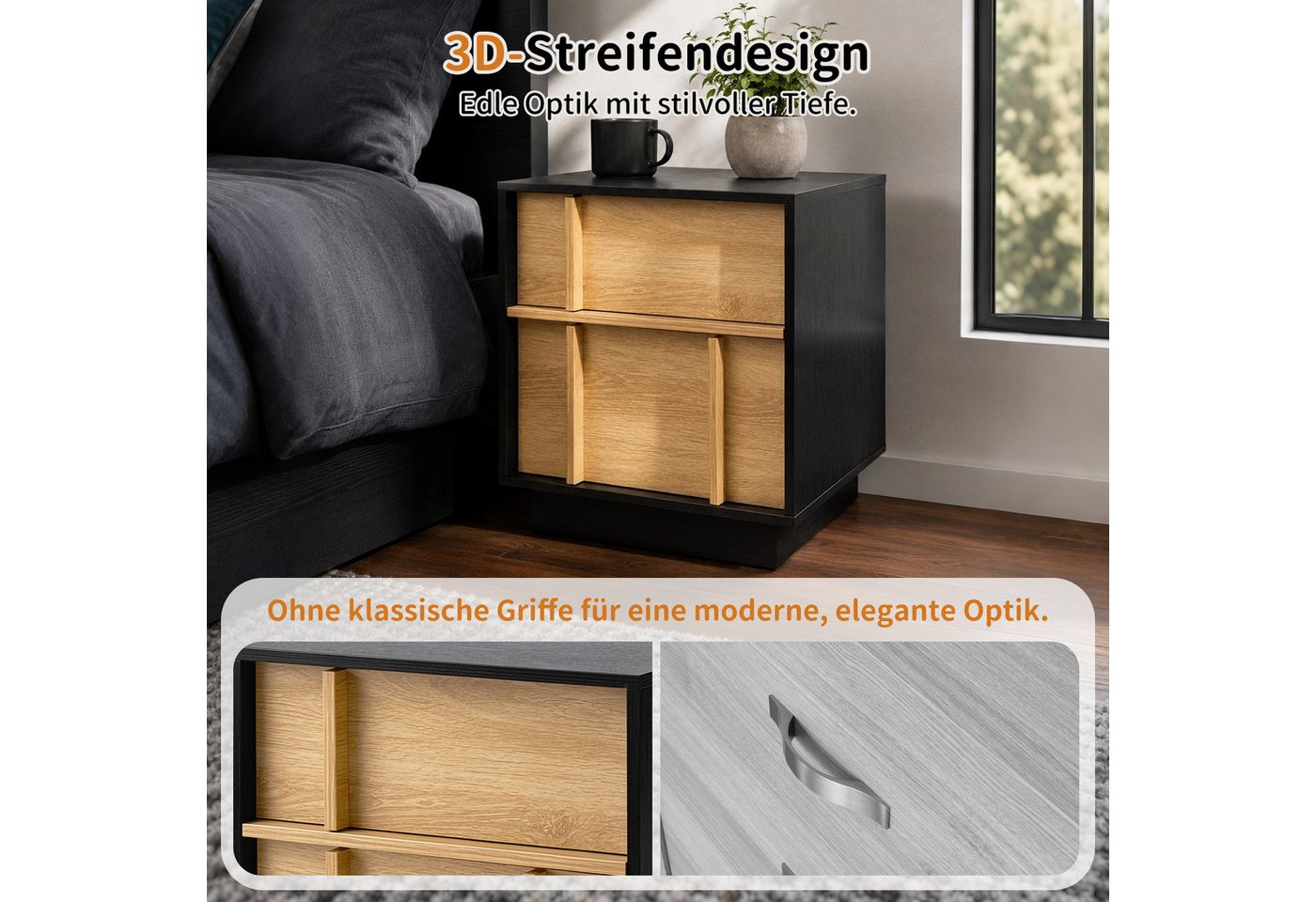 HomeGuru Nachttisch Nachttisch mit 3D-Streifenoptik, Schublade & Tür, Nachtschrank – Bild 4 von 5