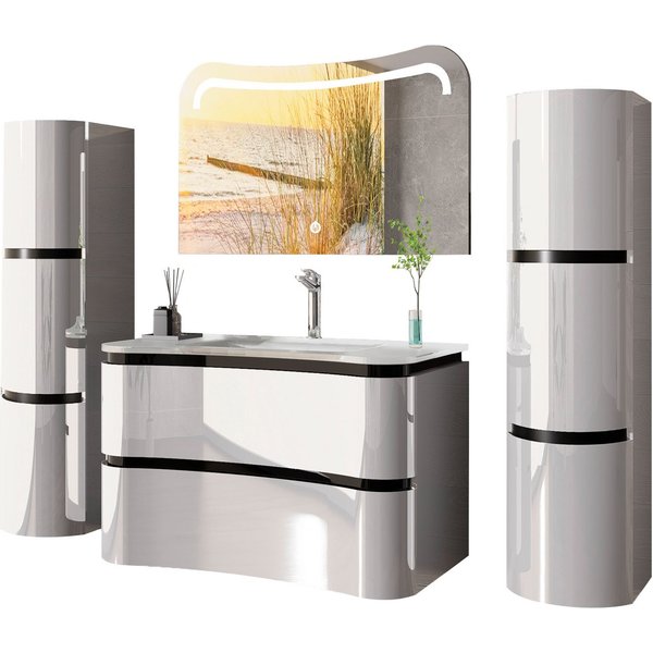 Homeline Badezimmer-Set Bad Möbelset Lady Schwarz oder Weiß Hochglanz 90 cm, (Badezimmer set, 5-St., 5 Teilig)
