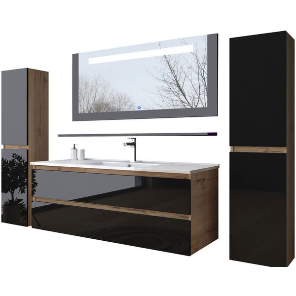 Homeline Badezimmer-Set Badmöbel Set 90 cm Eiche / Schwarz Kaiser Mit Danny Spiegel schwarz, (Badezimmer Möbel, Bad Möbelset)