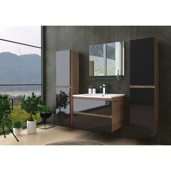 Homeline Badmöbel-Set Bad Möbel Set, Hochglanz, Eiche schwarz und weiß Soft Close, (Set Angebot, 6-St., Spar set)