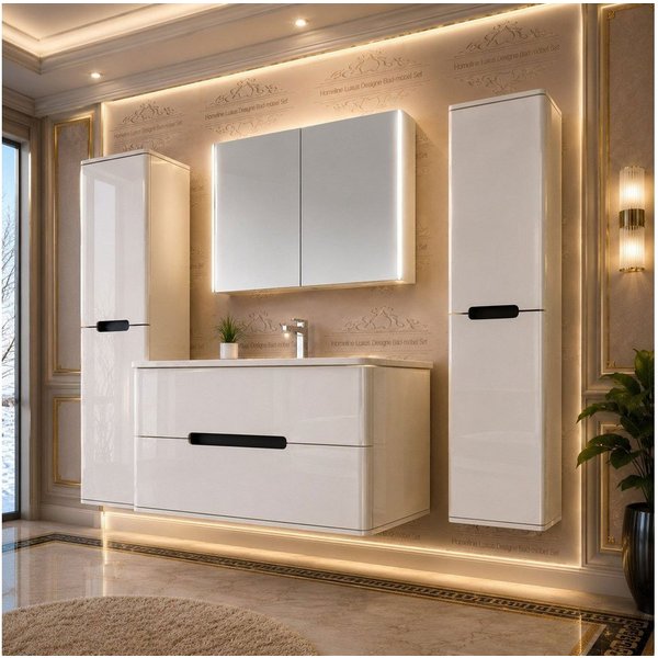Homeline Badmöbel-Set Bad Möbelset Badezimmer Möbel Hochglanz 90 cm Eiche / Weiß Schwarz, (Spar-Set, 3-St., Fünfteiliges Set), Spiegelschrank mit Keramikbecken,