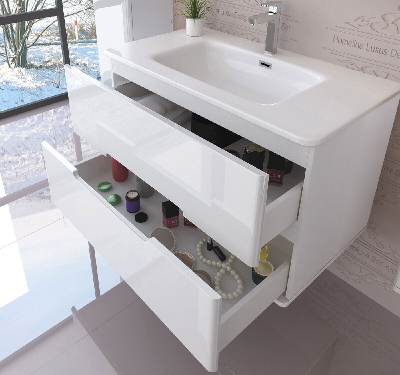 Homeline Badmöbel-Set Bad Möbelset Badezimmer Möbel Hochglanz 90 cm Eiche / Weiß Schwarz, (Spar-Set, 3-St., Fünfteiliges Set), Spiegelschrank mit Keramikbecken, – Bild 3 von 5