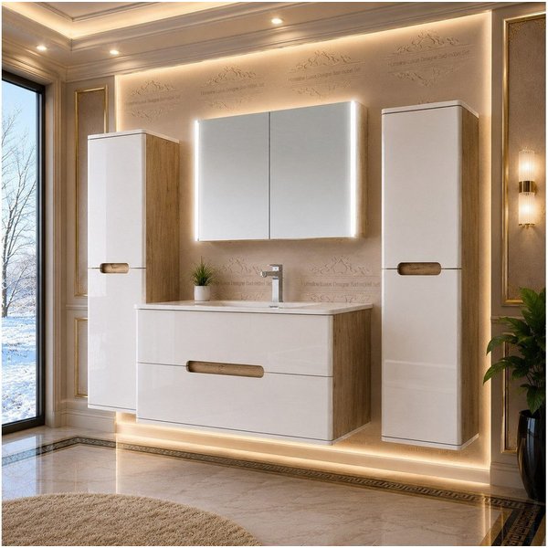 Homeline Badmöbel-Set Bad Möbelset Badezimmer Möbel Hochglanz 90 cm Eiche / Weiß Schwarz, (Spar-Set, 4-St., Fünfteiliges Set), Spiegelschrank mit Keramikbecken,