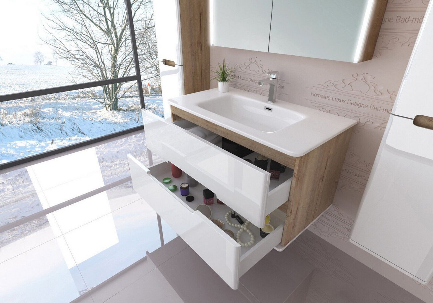Homeline Badmöbel-Set Bad Möbelset Badezimmer Möbel Hochglanz 90 cm Eiche / Weiß Schwarz, (Spar-Set, 4-St., Fünfteiliges Set), Spiegelschrank mit Keramikbecken, – Bild 4 von 5