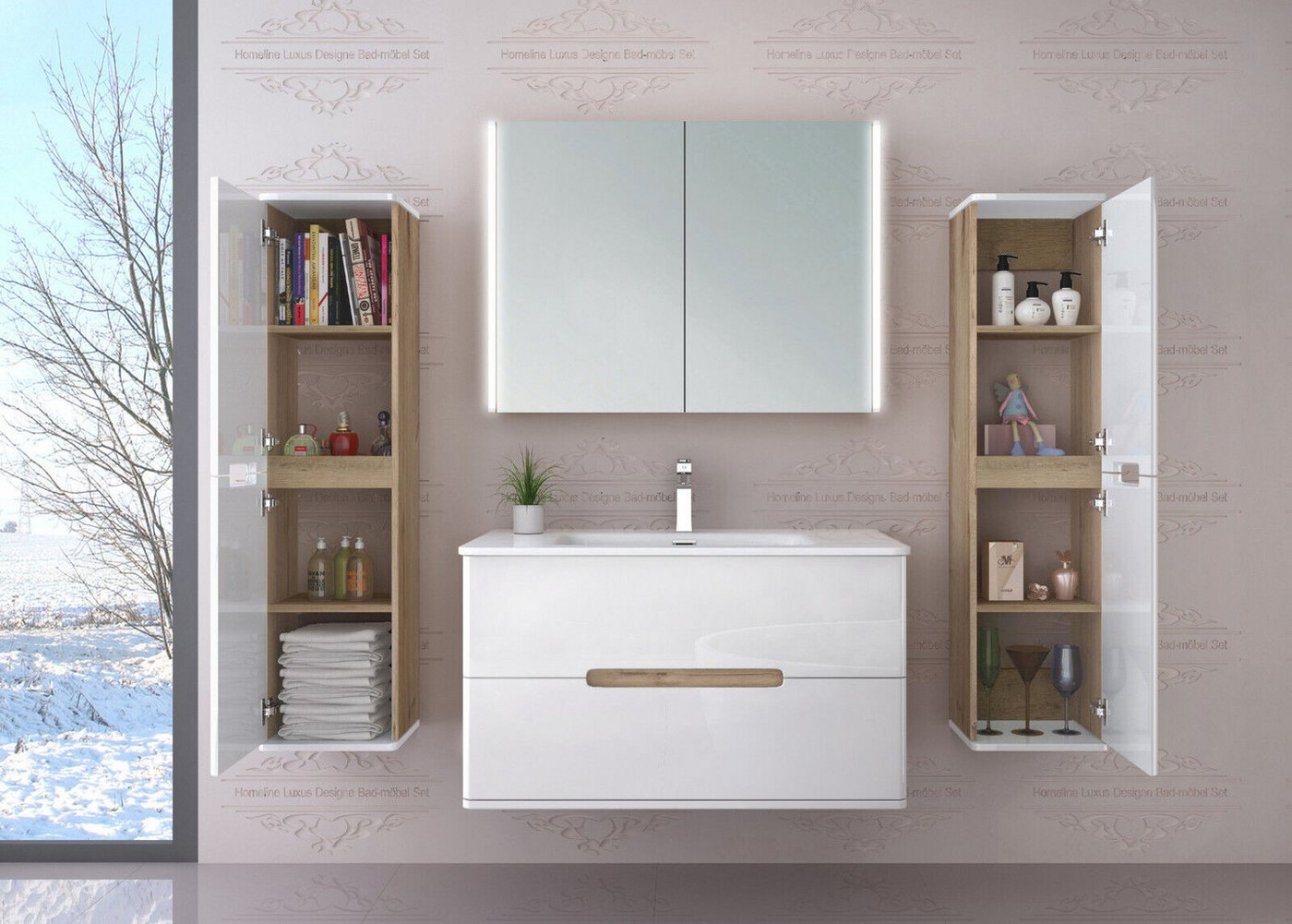 Homeline Badmöbel-Set Bad Möbelset Badezimmer Möbel Hochglanz 90 cm Eiche / Weiß Schwarz, (Spar-Set, 4-St., Fünfteiliges Set), Spiegelschrank mit Keramikbecken, – Bild 5 von 5