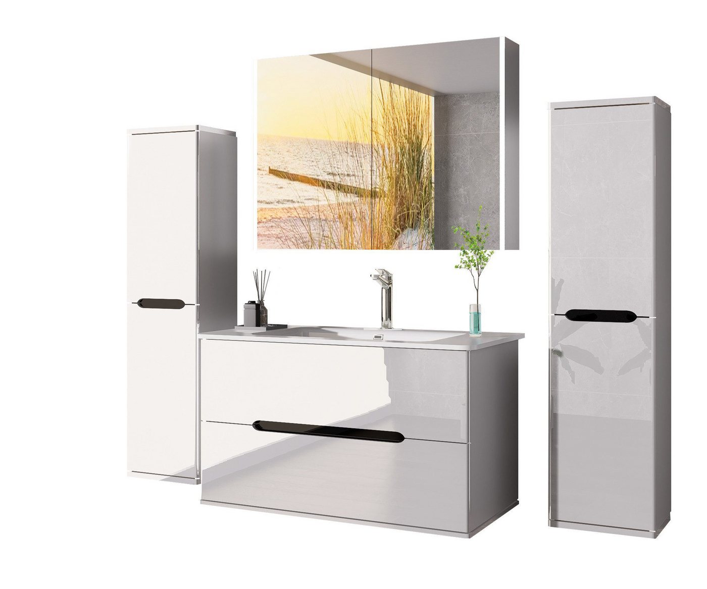 Homeline Badmöbel-Set Bad Möbelset Badezimmer Möbel Hochglanz 90 cm Eiche / Weiß Schwarz, (Spar-Set, 5-St., Fünfteiliges Set), Spiegelschrank mit Keramikbecken, – Bild 2 von 5