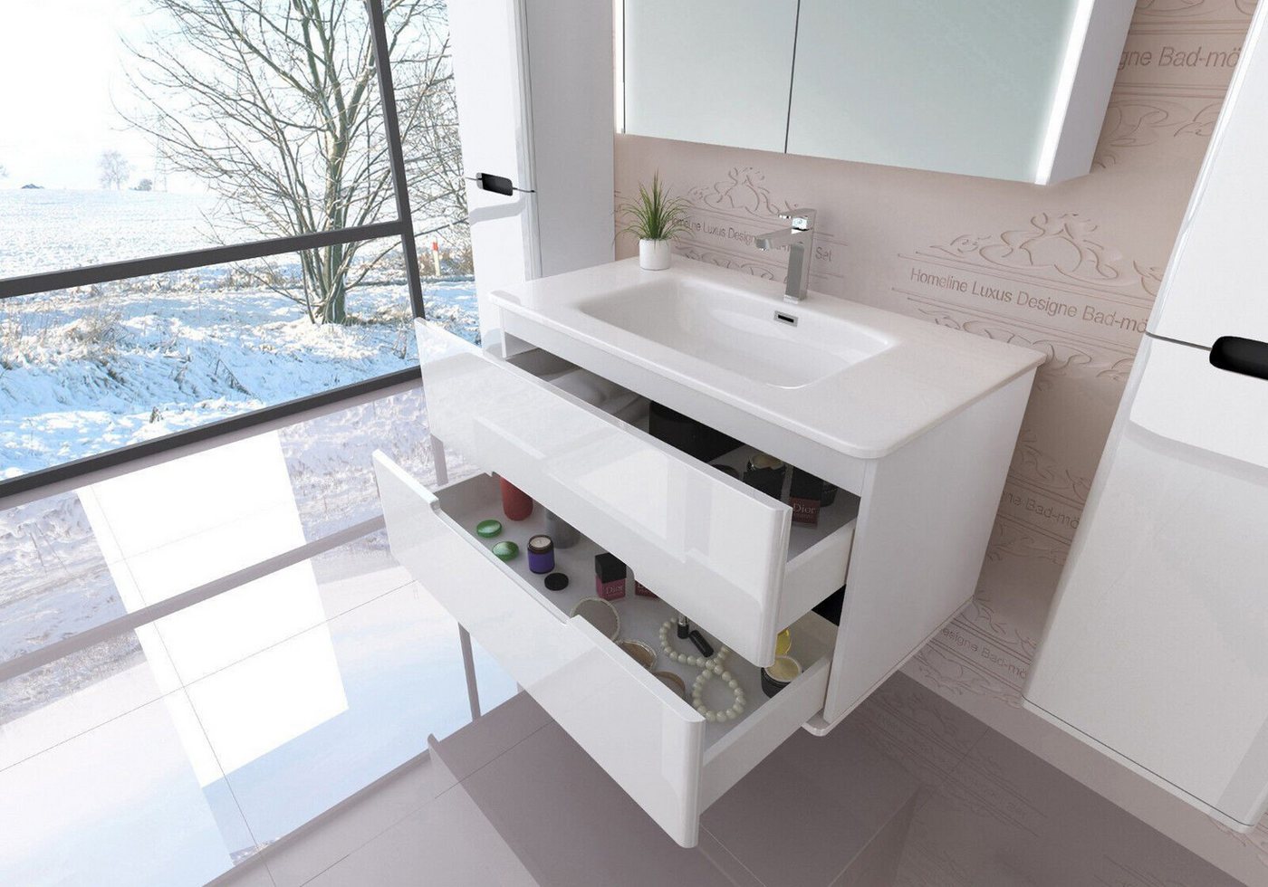Homeline Badmöbel-Set Bad Möbelset Badezimmer Möbel Hochglanz 90 cm Eiche / Weiß Schwarz, (Spar-Set, 5-St., Fünfteiliges Set), Spiegelschrank mit Keramikbecken, – Bild 5 von 5