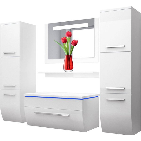 Homeline Badmöbel-Set Badmöbel Set Weiß Hochglanz lackiert LED System tauschsystem, (Komplette Set ohne wasch dich Armatur und Ablaufgarnitur, 6-St., Set Angebo