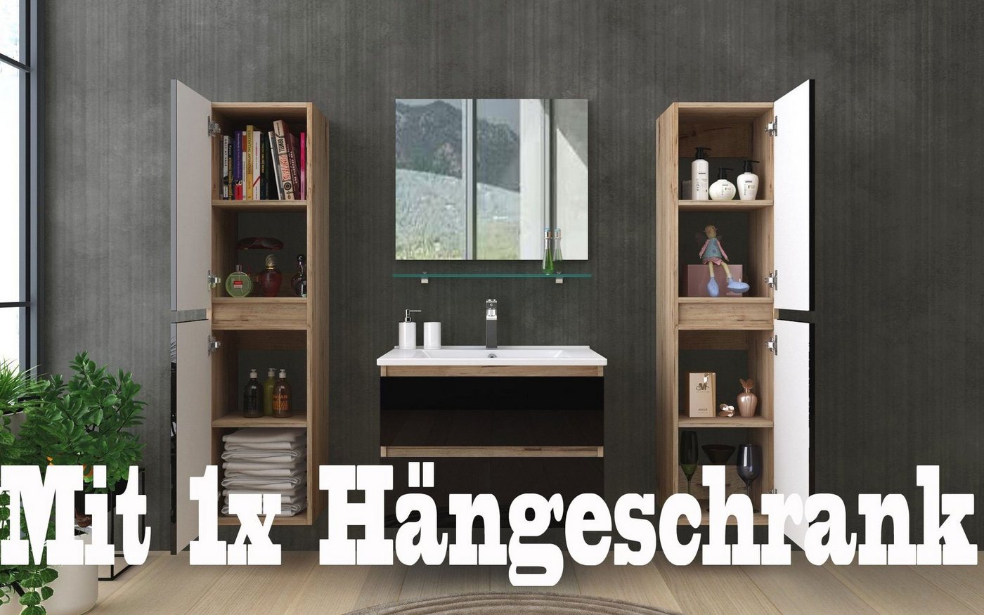 Homeline Badmöbel-Set Kaiser badmöbel, Set Eiche/Schwarz mit Ablage Spiegel Bad, (5-St., Bis 6 teilig), Hochglanz – Bild 5 von 5