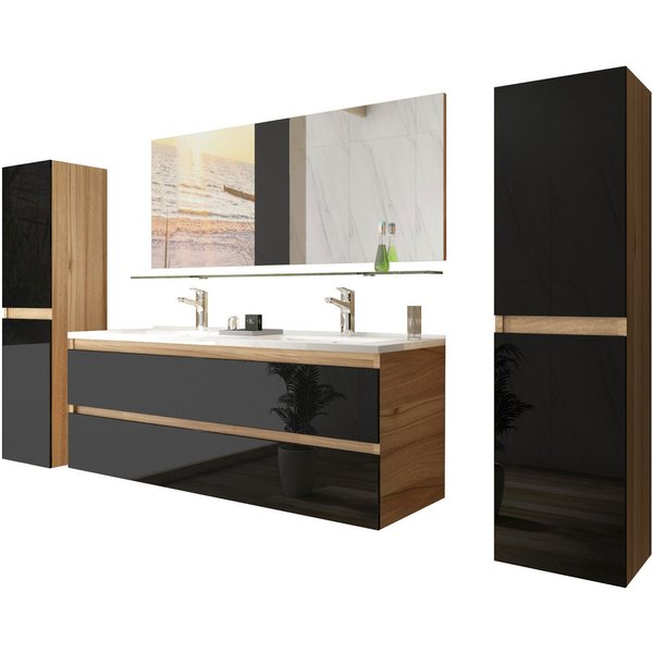 Homeline Badmöbel-Set Kaiser badmöbel, Set Eiche/Schwarz Doppel Waschbecken, Doppeltisch, (Set Angebot, 6-St., Besteht aus Teile), Hochglanz MDR, falls Doppel W