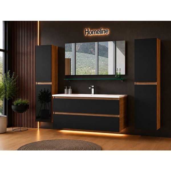 Homeline Badmöbel-Set Kaiser badmöbel, Set Eiche/Schwarz mit Ablage Spiegel Bad, (4-St., Bis 6 teilig), Hochglanz