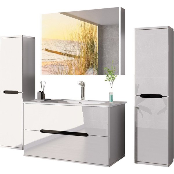 Homeline Badmöbel-Set Sky Badmoebel Set Schwarz Weiß Eiche Hochschglanz Spiegelschrank, (Spar Set, 5-St., Bad Möbel set besteht aus 5 Teilen), Spiegelschrank, H