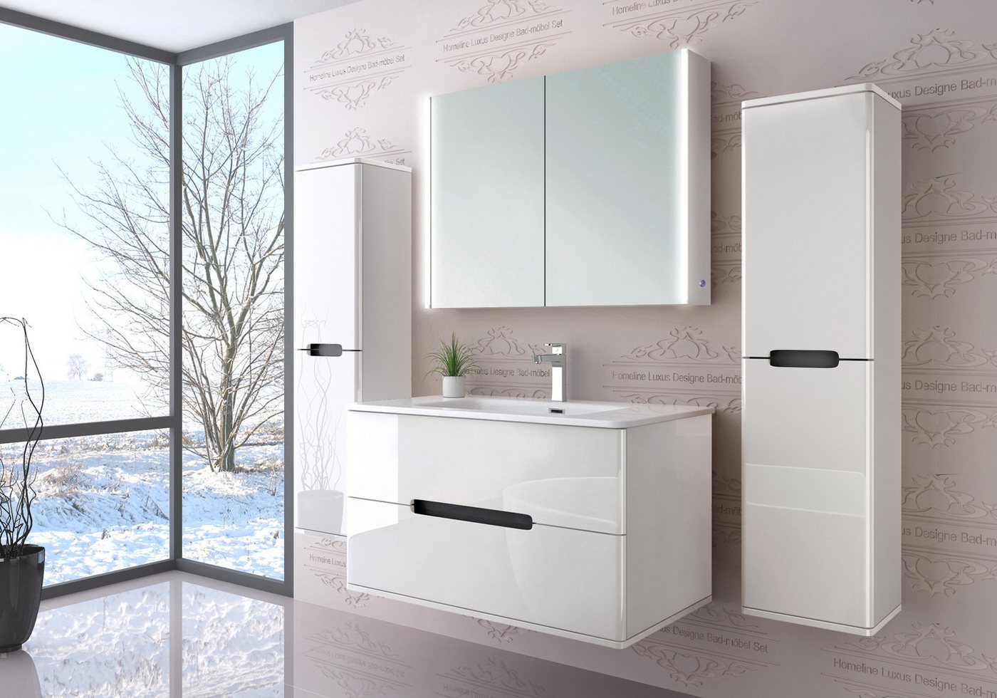 Homeline Badmöbel-Set Sky Badmoebel Set Schwarz Weiß Eiche Hochschglanz Spiegelschrank, (Spar Set, 5-St., Bad Möbel set besteht aus 5 Teilen), Spiegelschrank, H – Bild 3 von 5