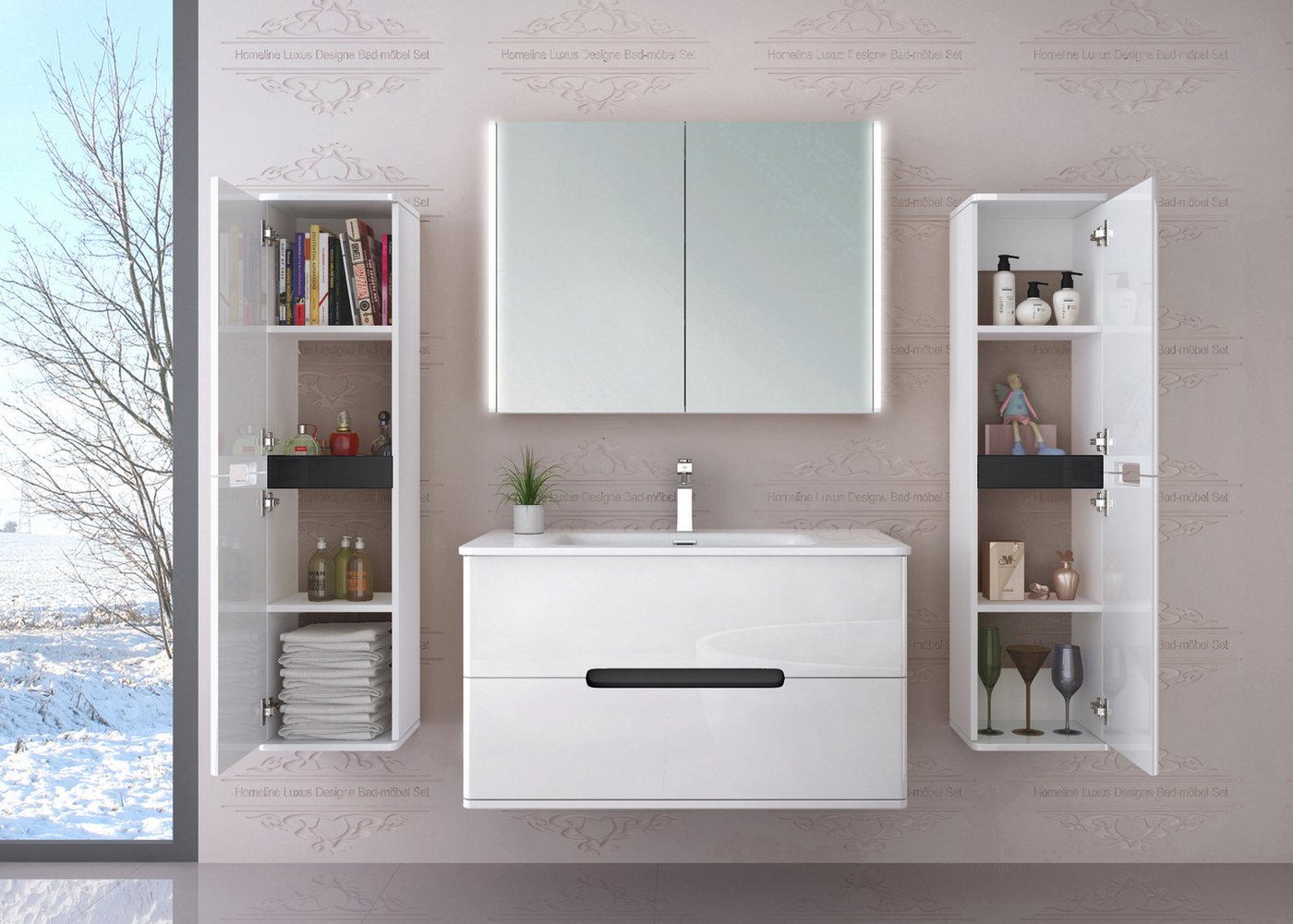 Homeline Badmöbel-Set Sky Badmoebel Set Schwarz Weiß Eiche Hochschglanz Spiegelschrank, (Spar Set, 5-St., Bad Möbel set besteht aus 5 Teilen), Spiegelschrank, H – Bild 5 von 5