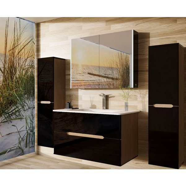 Homeline Badmöbel-Set Sky Badmoebel Set Schwarz Weiß Eiche Hochschglanz Spiegelschrank, (Spar Set, 5-St., Bad Möbel set besteht aus 5 Teilen), Spiegelschrank, H