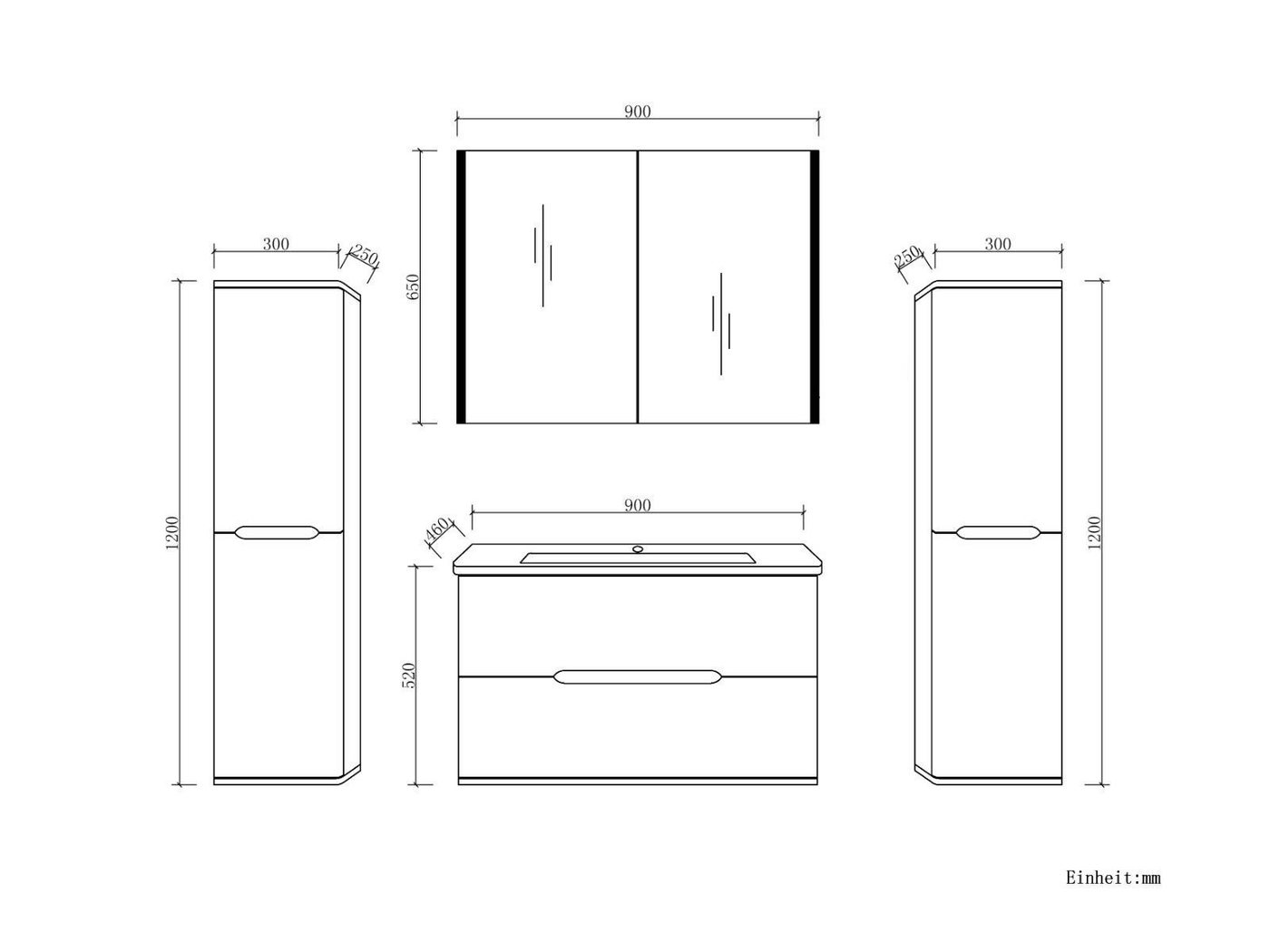 Homeline Badmöbel-Set Sky Badmoebel Set Schwarz Weiß Eiche Hochschglanz Spiegelschrank, (Spar Set, 5-St., Bad Möbel set besteht aus 5 Teilen), Spiegelschrank, H – Bild 3 von 5