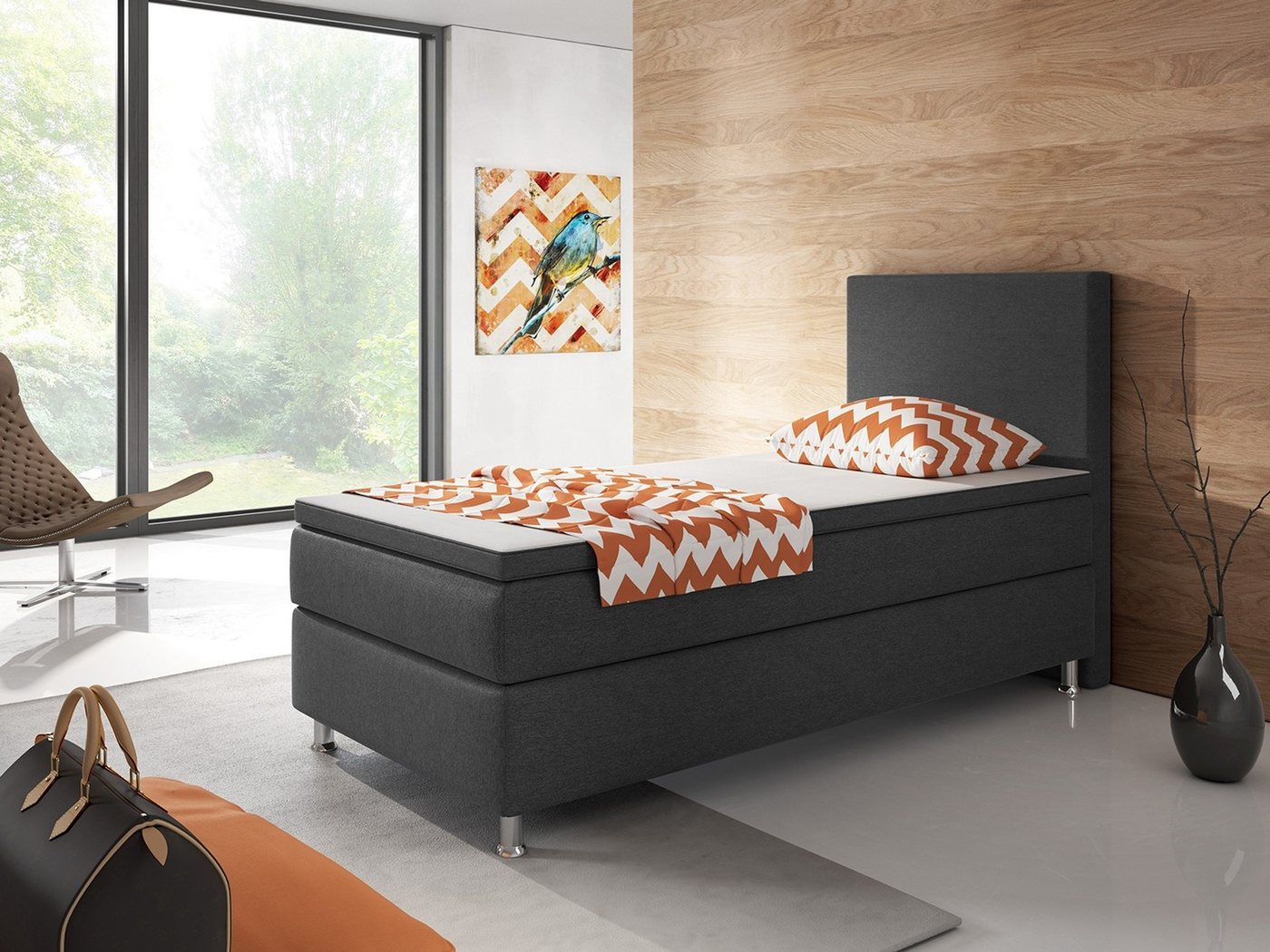Homeline Boxspringbett Boxspringbett 90x200 cm Schwarz Anthrazit Einzelbett Schlafzimmer (Spar-Set, Set-Angebot), 5 Gang Bonell-Federkern-Matratze – Bild 3 von 5