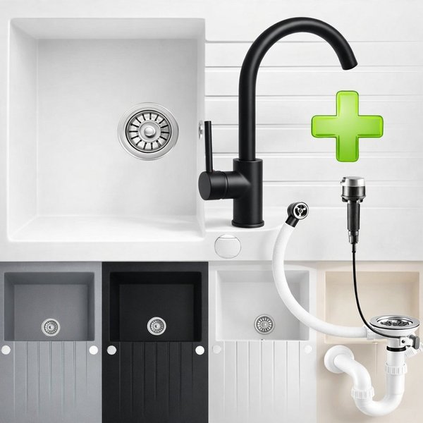 Homeline Granitspüle LADY Granitspüle Küchenspüle Granit Siphon Einbauspüle Spülbecken, Eckig, Kpmplettes set, (Kombi Set, 3 St., Mit Ablaufgarnitur)