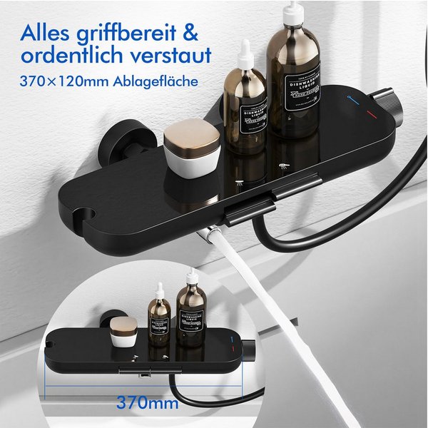 HOMELIVE Duschsystem Duscharmatur Schwarz mit Ablage – Wandarmatur für Dusche & Badewanne, Set, 370 × 120 mm Glasablage,schwenkbarer Auslauf,Standard G 1/2 Ansc