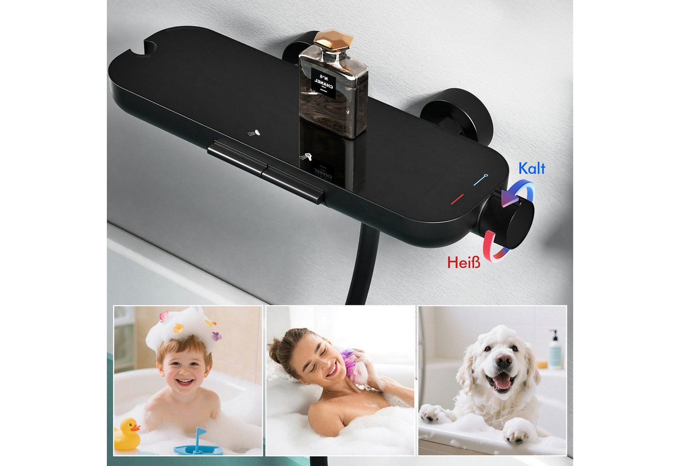 HOMELIVE Duschsystem Duscharmatur Schwarz mit Ablage – Wandarmatur für Dusche & Badewanne, Set, 370 × 120 mm Glasablage,schwenkbarer Auslauf,Standard G 1/2 Ansc – Bild 4 von 5