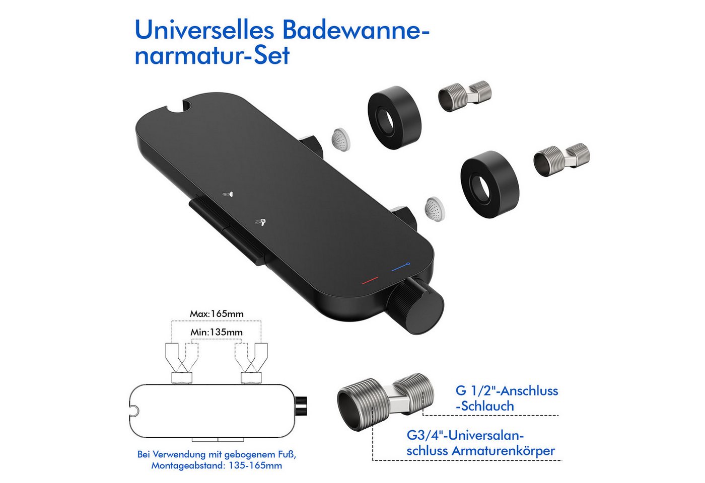 HOMELIVE Duschsystem Duscharmatur Schwarz mit Ablage – Wandarmatur für Dusche & Badewanne, Set, 370 × 120 mm Glasablage,schwenkbarer Auslauf,Standard G 1/2 Ansc – Bild 5 von 5