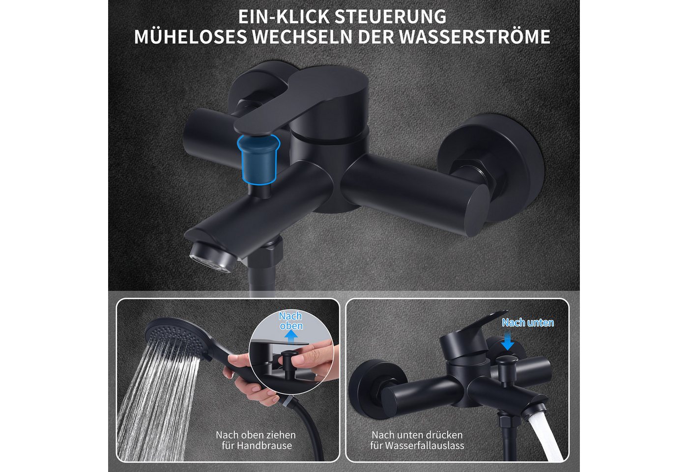 HOMELIVE Duschsystem Duscharmatur Set Schwarz mit 4-strahliger Handbrause, Edelstahl Duscharmatur Wandmontage mit G1/2 Anschluss – Bild 3 von 5