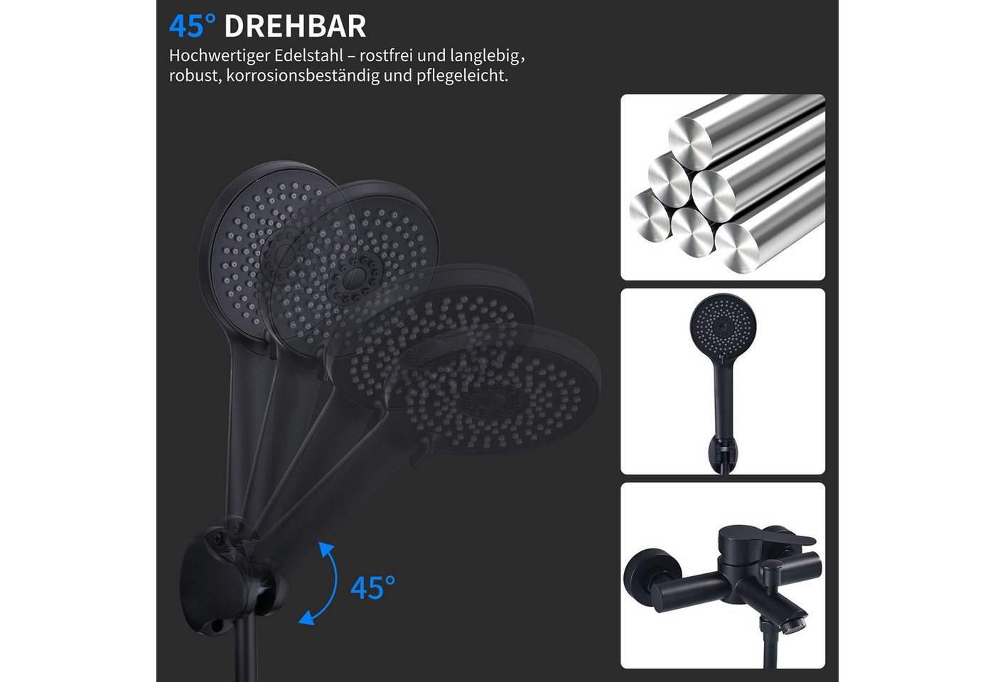 HOMELIVE Duschsystem Duscharmatur Set Schwarz mit 4-strahliger Handbrause, Edelstahl Duscharmatur Wandmontage mit G1/2 Anschluss – Bild 4 von 5