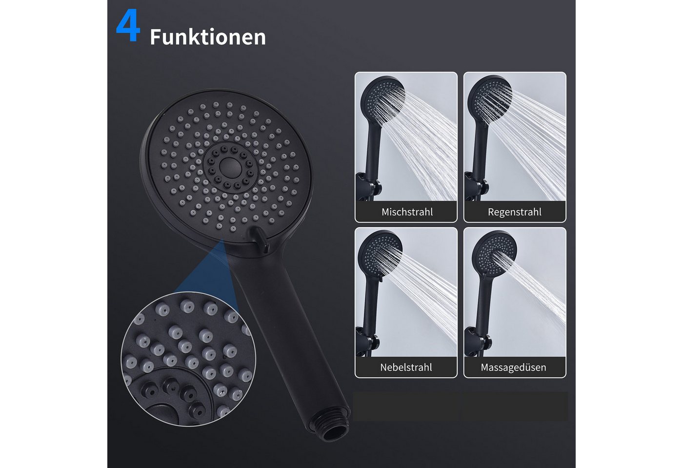 HOMELIVE Duschsystem Duscharmatur Set Schwarz mit 4-strahliger Handbrause, Edelstahl Duscharmatur Wandmontage mit G1/2 Anschluss – Bild 5 von 5