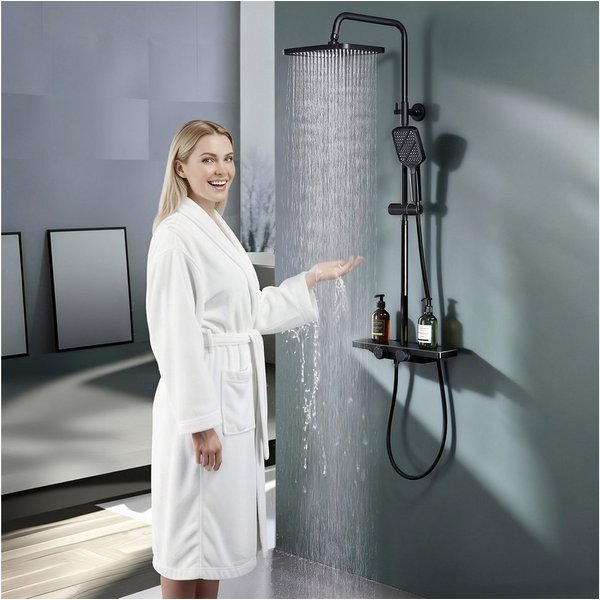 HOMELIVE Duschsystem Duschset Thermostat-Set Regendusche,Duschsystem 400mm mit Glasablage, 3 Strahlart(en), 12 Zoll Regendusche, 3-Funktions-Handbrause,Schwarz