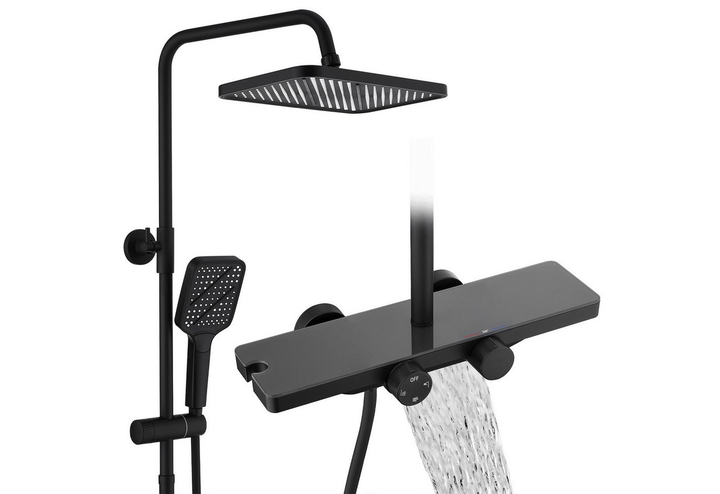 HOMELIVE Duschsystem Duschset Thermostat-Set Regendusche,Duschsystem 400mm mit Glasablage, 3 Strahlart(en), 12 Zoll Regendusche, 3-Funktions-Handbrause,Schwarz – Bild 2 von 5