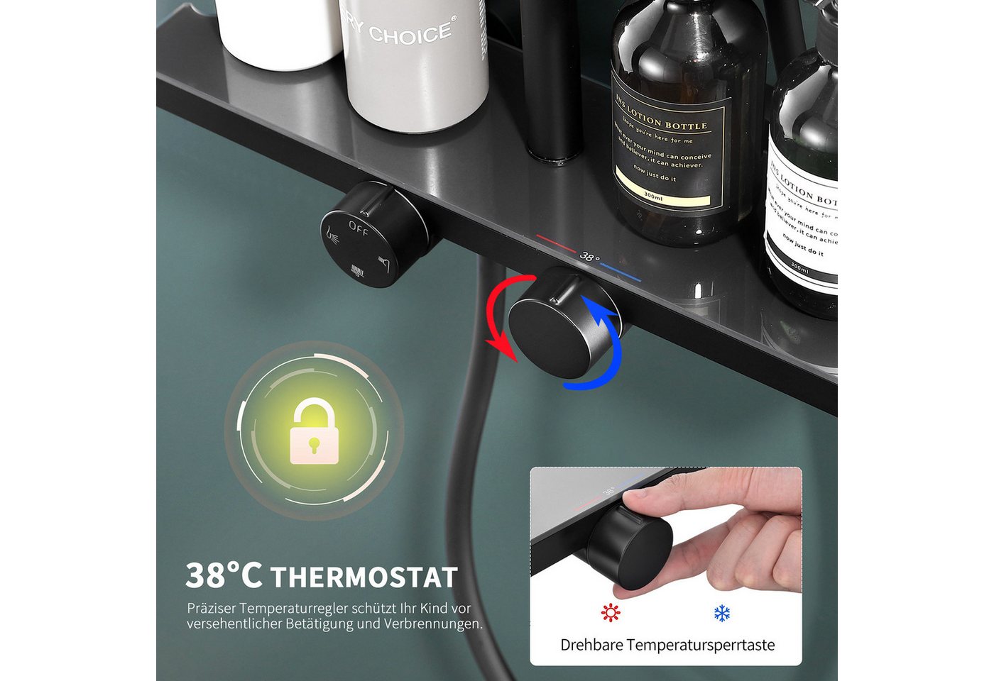 HOMELIVE Duschsystem Duschset Thermostat-Set Regendusche,Duschsystem 400mm mit Glasablage, 3 Strahlart(en), 12 Zoll Regendusche, 3-Funktions-Handbrause,Schwarz – Bild 3 von 5
