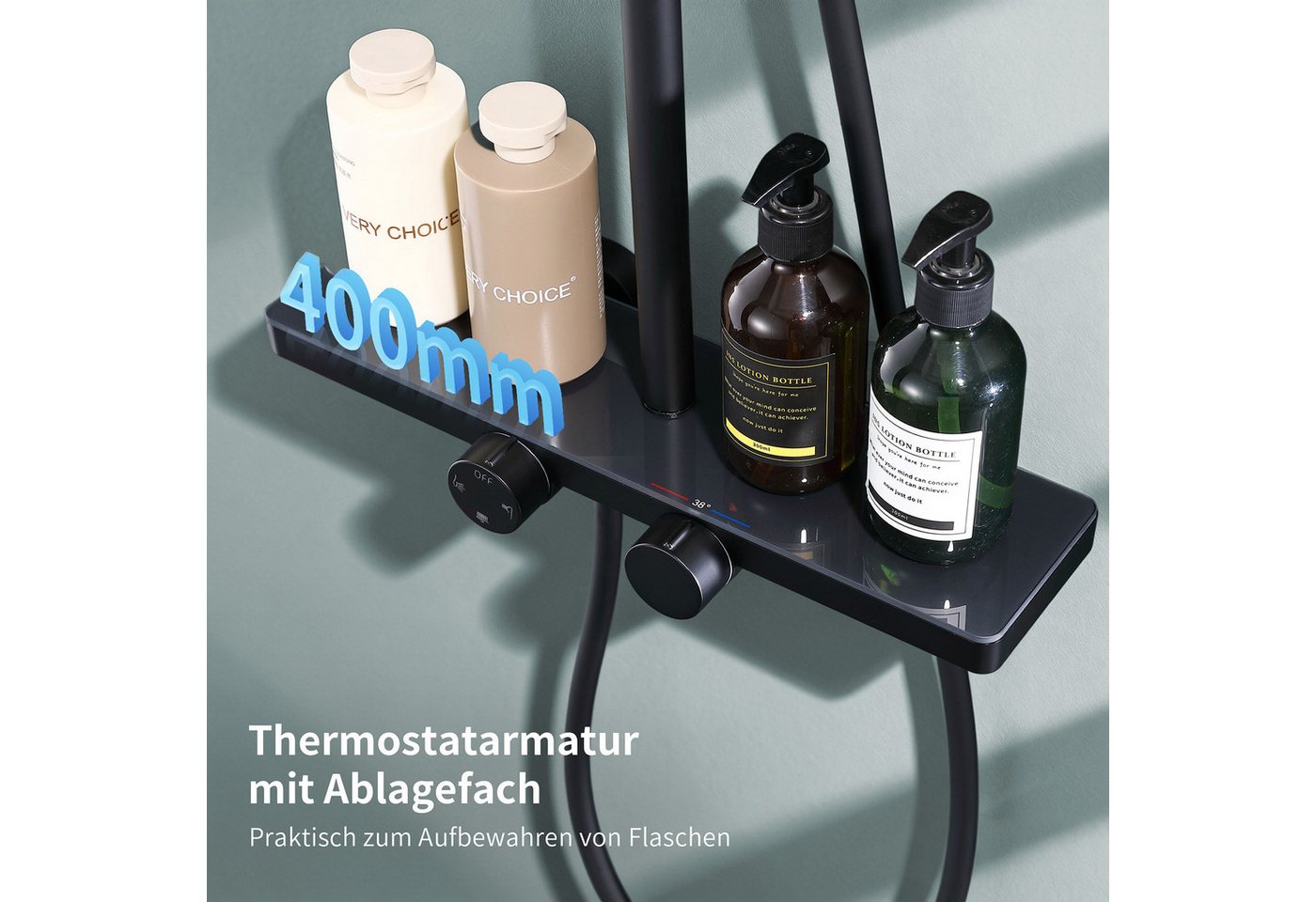 HOMELIVE Duschsystem Duschset Thermostat-Set Regendusche,Duschsystem 400mm mit Glasablage, 3 Strahlart(en), 12 Zoll Regendusche, 3-Funktions-Handbrause,Schwarz – Bild 4 von 5