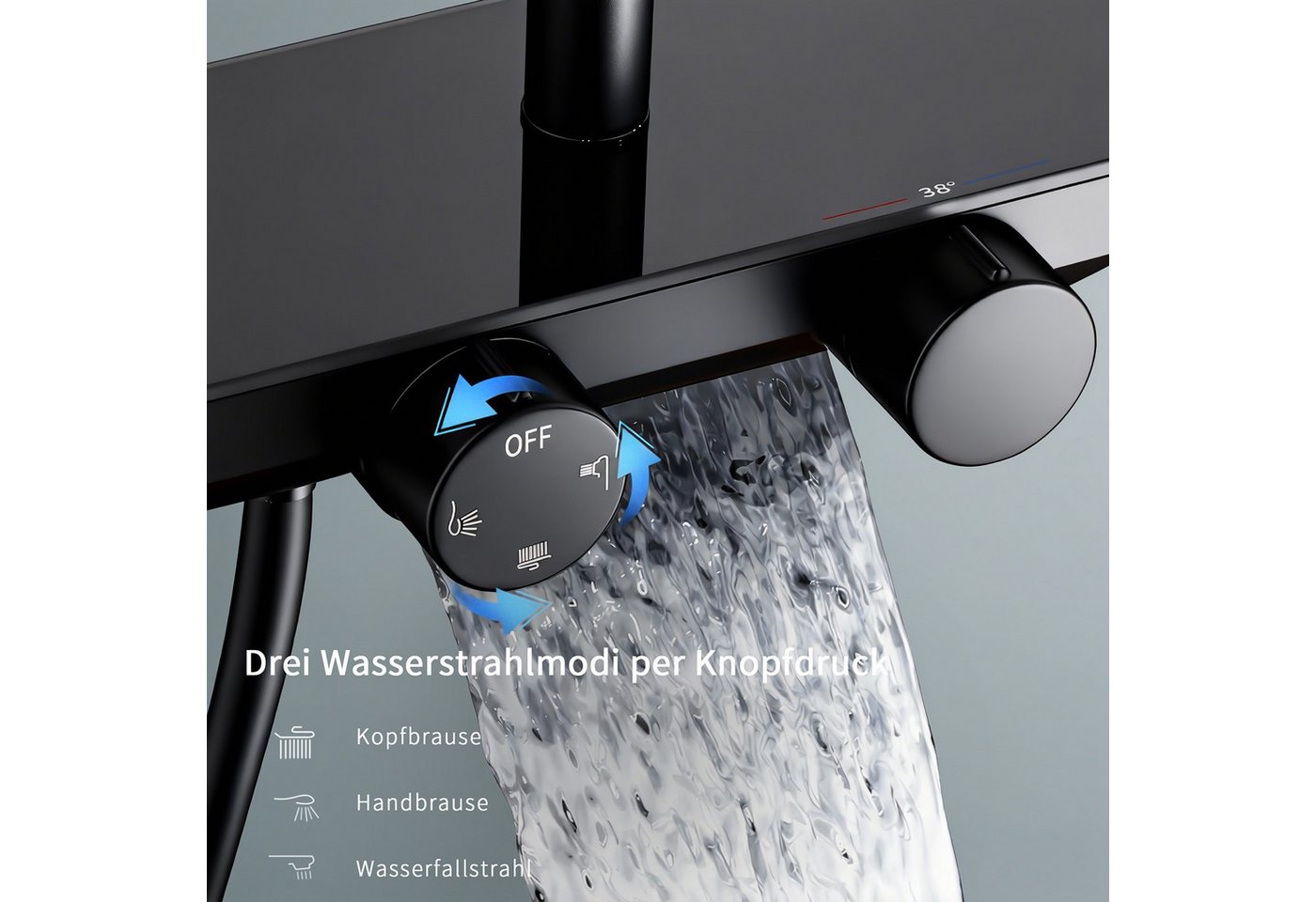 HOMELIVE Duschsystem Duschset Thermostat-Set Regendusche,Duschsystem 400mm mit Glasablage, 3 Strahlart(en), 12 Zoll Regendusche, 3-Funktions-Handbrause,Schwarz – Bild 5 von 5