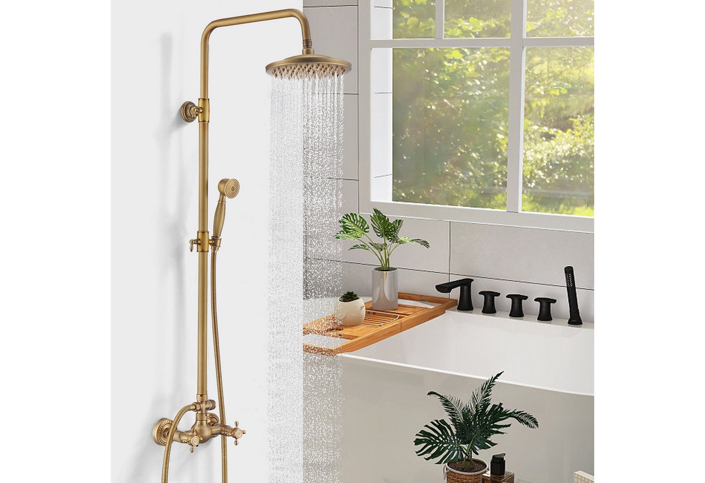 HOMELIVE Duschsystem Retro Messing Duscharmatur Set Antik Gold Dusche mit Regendusche, Duschset mit 8" Regendusche Handbrause Kopf – Bild 2 von 5