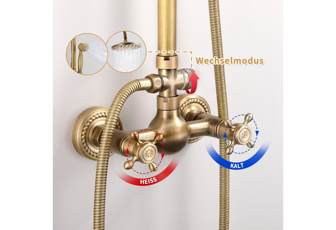 HOMELIVE Duschsystem Retro Messing Duscharmatur Set Antik Gold Dusche mit Regendusche, Duschset mit 8" Regendusche Handbrause Kopf – Bild 3 von 5