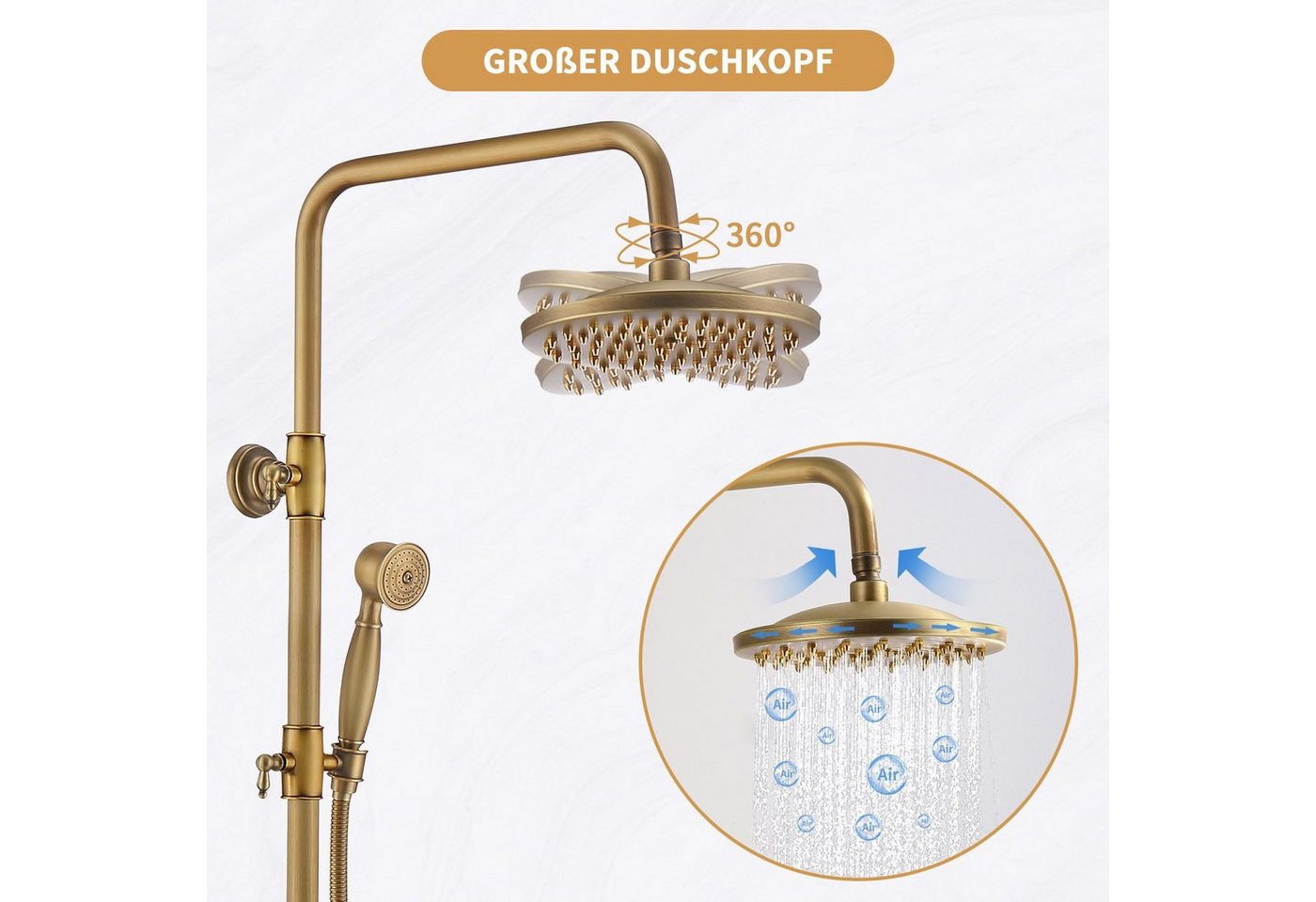 HOMELIVE Duschsystem Retro Messing Duscharmatur Set Antik Gold Dusche mit Regendusche, Duschset mit 8" Regendusche Handbrause Kopf – Bild 5 von 5
