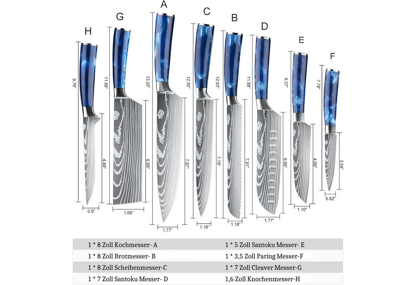 HOMELIVE Messer-Set Chef Messer Sets mit Rolltasche, Damaskus Küchenmesser Set, (Set, 9-tlg), Asiatisches Edelstahl Messerset – Bild 2 von 5