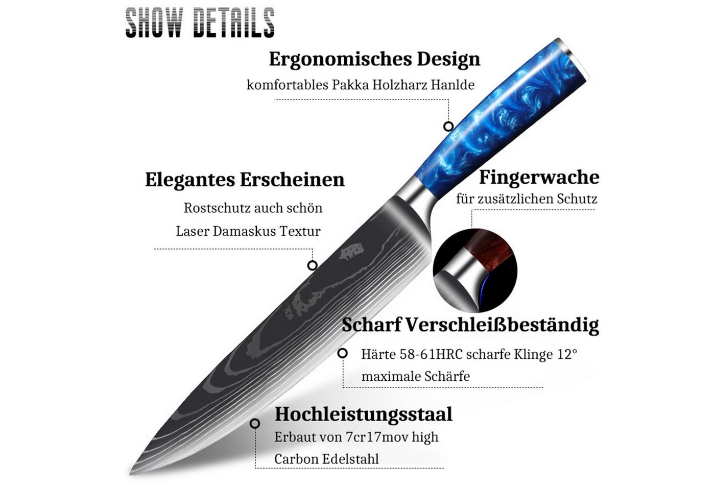 HOMELIVE Messer-Set Chef Messer Sets mit Rolltasche, Damaskus Küchenmesser Set, (Set, 9-tlg), Asiatisches Edelstahl Messerset – Bild 4 von 5