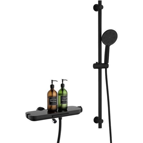 HOMELODY Brausegarnitur Badewannenarmatur Duschset mit Ablage, 5F Handbrause, höhenverstellbar, 3 Strahlart(en), 900 mm Höhenverstellbare Duschstange mit schwen