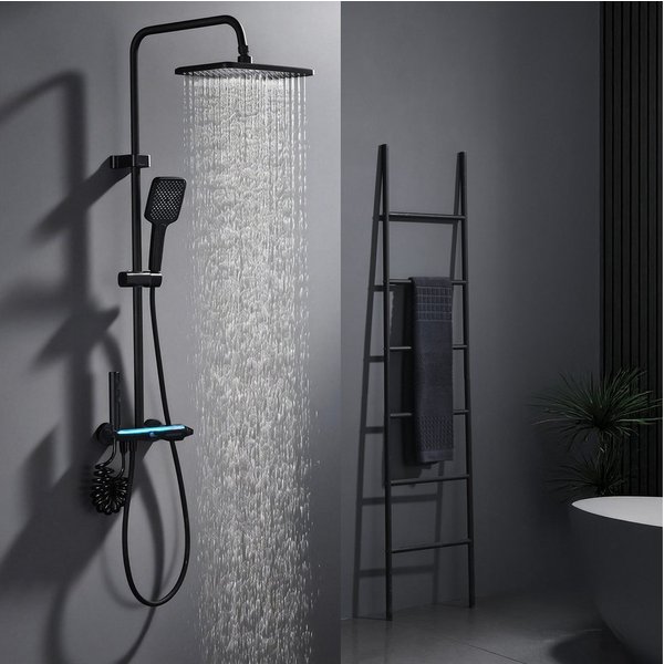 HOMELODY Duschsystem Duschsäule Massagedusche, Regendusche, mit Ambiente-Licht, 3 Strahlart(en), Set, mit Handbrause, Wasserfallauslauf, höhenverstellbar, Schwa