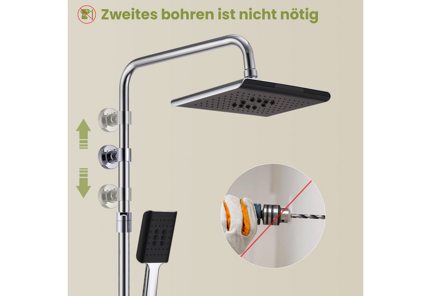 HOMELODY Duschsystem Duschset Regendusche mit Handbrause,Duschsäule ohne armatur, 2 Strahlart(en), Packung Set, Ohne zusätzliches Bohren,mit Piano-Knopf-Wassert – Bild 3 von 5