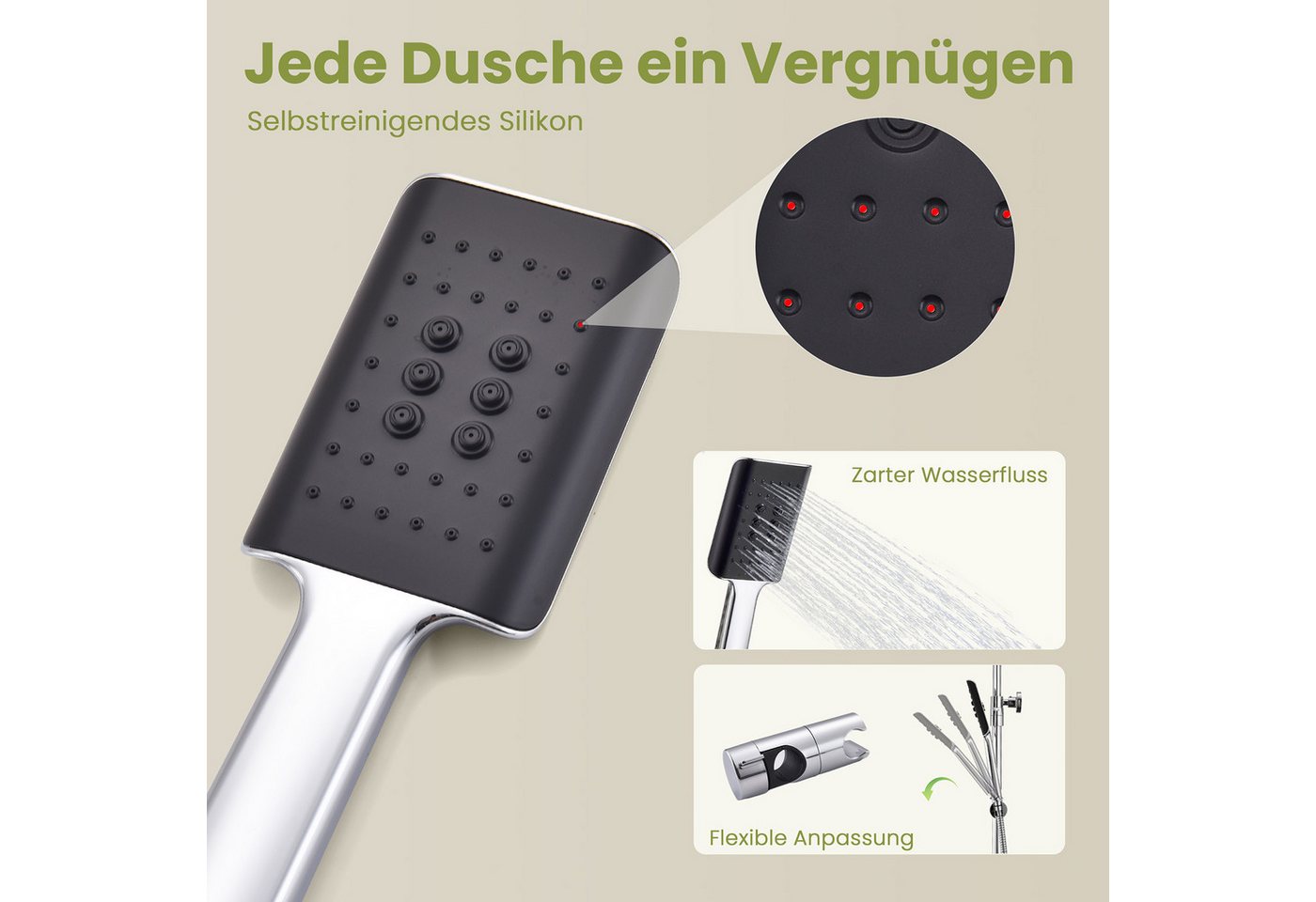 HOMELODY Duschsystem Duschset Regendusche mit Handbrause,Duschsäule ohne armatur, 2 Strahlart(en), Packung Set, Ohne zusätzliches Bohren,mit Piano-Knopf-Wassert – Bild 4 von 5