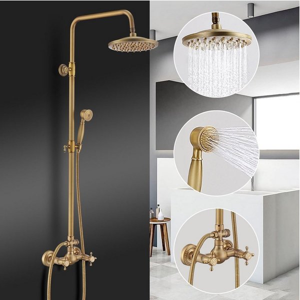 HOMELODY Duschsystem gold Retro Messing Duscharmatur Set Antik Gold Dusche mit Regendusche, 2 Strahlart(en), Thermostatische Dusche, Duschset mit 8" Regendusche