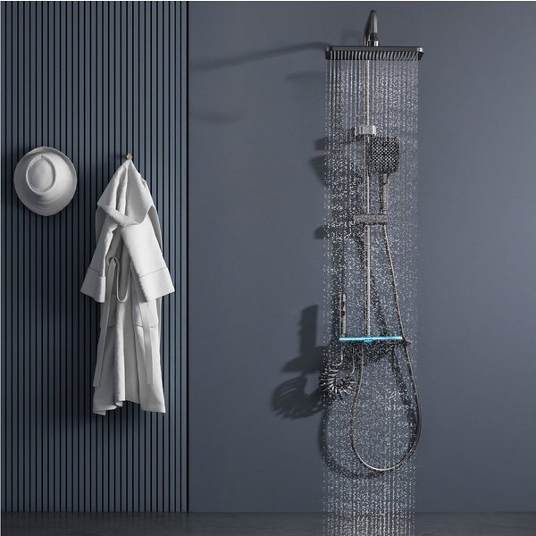 HOMELODY Duschsystem Gunmetal Regendusche LED Messing Wasserfall, 4 Strahlart(en), Warm & Kalt, 3-Funktionsbrause mit Spritzpistole